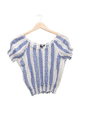 Love Me Blue White Peasant Blouse Small Boho Puff Sleeve Smocked Crop Top